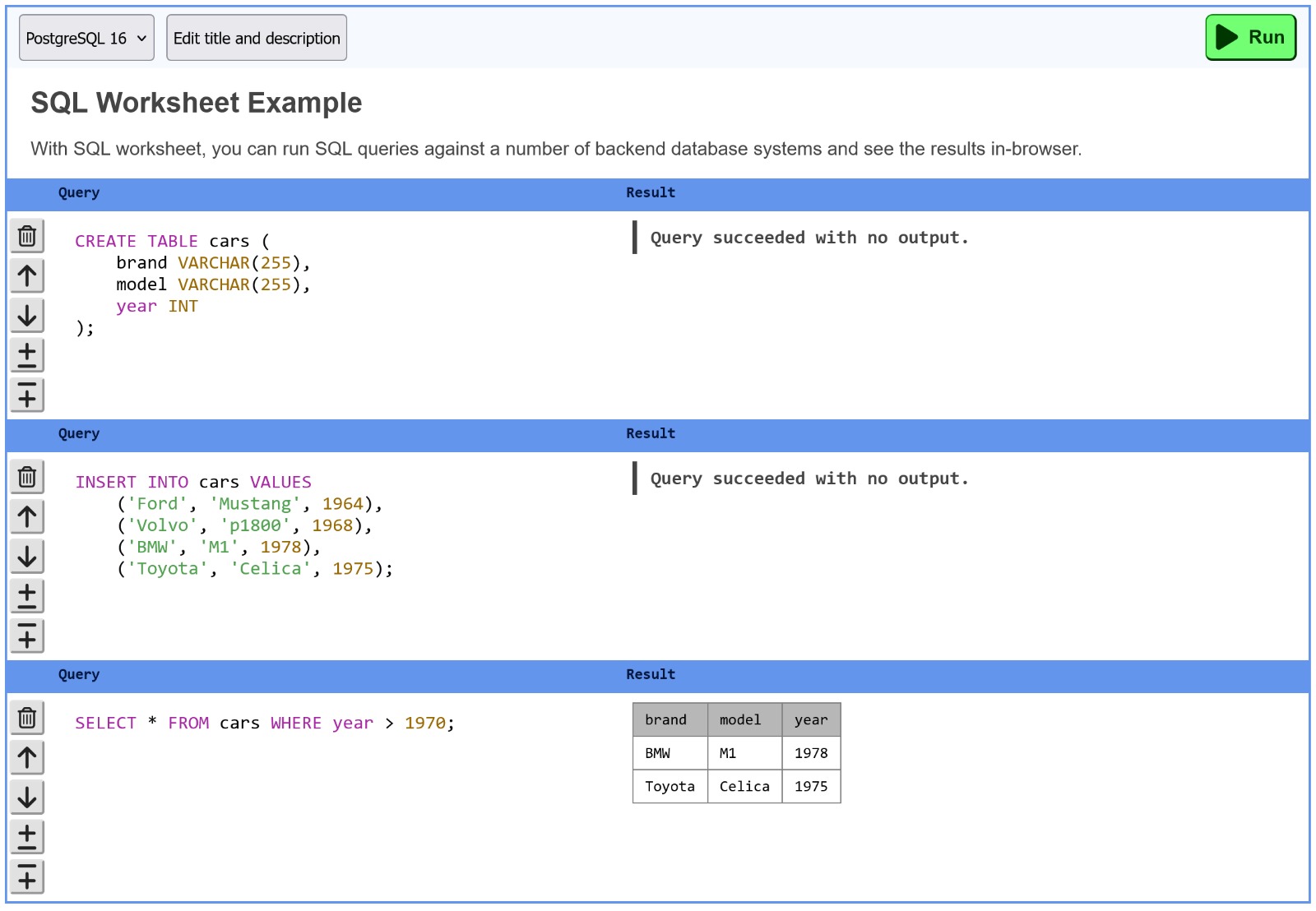 An example SQL worksheet in browser
